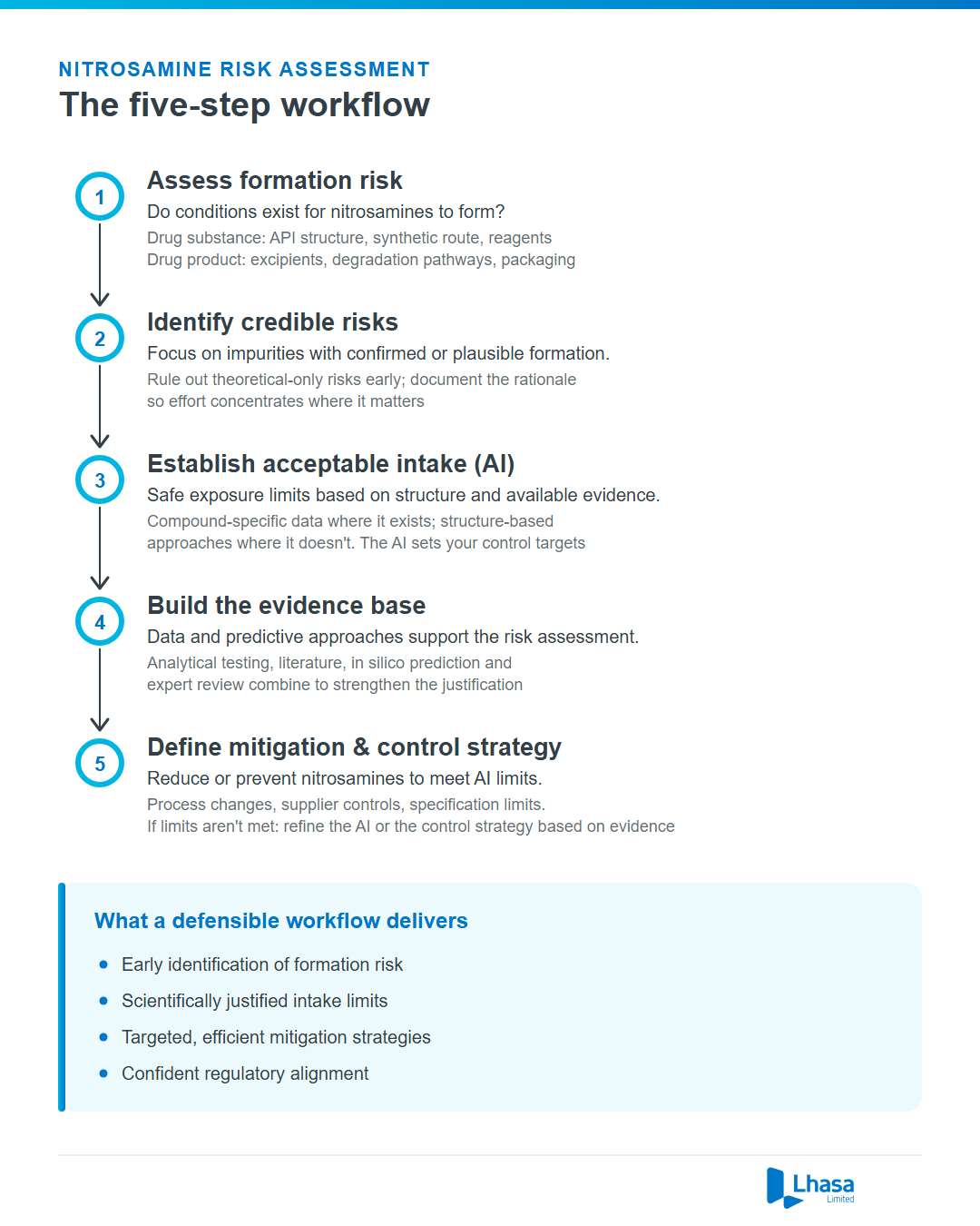 Nitrosamine risk assessment workflow: assess formation risk, identify credible risks, establish acceptable intake, build the evidence base, define mitigation and control strategy